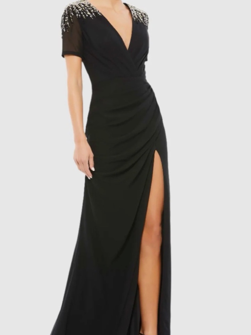 Mac Duggal Black Evening Maxi with Beaded Shoulder Fringe